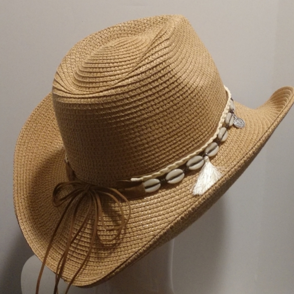 Unisex Western Straw Sun Hat Cowrie Cowry Shells 3.5" Wide Brim Khaki Tan Boho - Picture 7 of 14